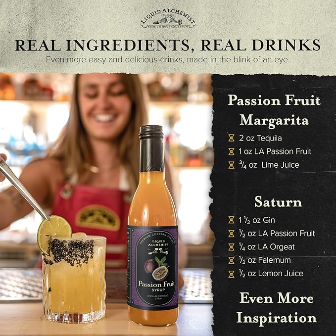 Liquid Alchemist Passion Fruit Syrup for Cocktails - Real Ingredients Make our Mix for Cocktails the Perfect Margarita Mix - Our Non-GMO Passion Fruit Syrup for Drinks is Vegan (12.7 oz)