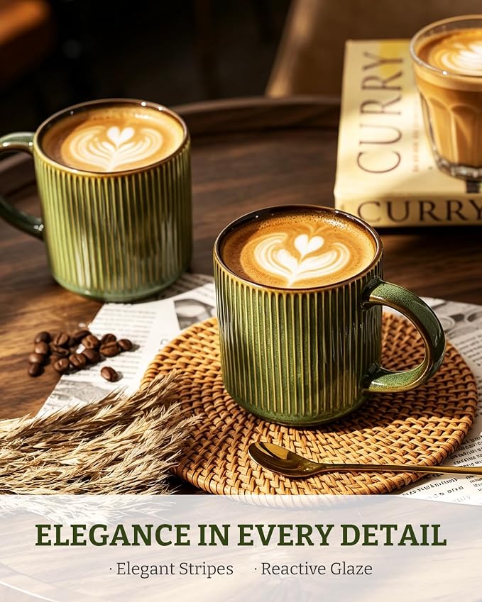 famiware Coffee Mug Set for 4, Star 12 oz Catering Mugs Cup Set with Handle for Coffee, Tea, Cocoa, Milk - Ceramic Stoneware Drinkware Set, Moss - Image 2