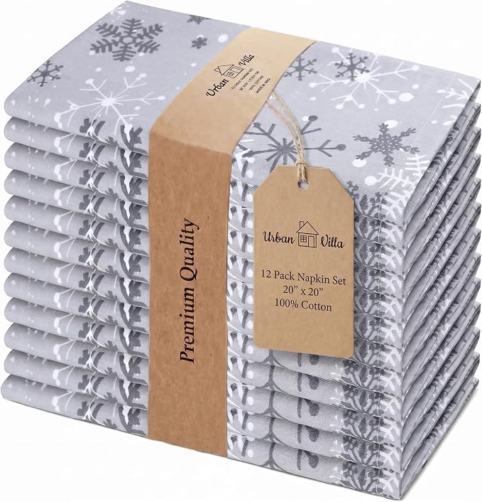 Urban Villa Cloth Napkins Cotton 20x20 (Set of 12) Grey Snow Flake by CottonTrends