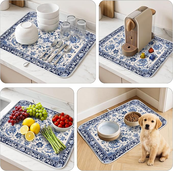 Chinoiserie Dish Drying Mat for Kitchen Coffee Bar 18x24 in Home Decor | Chinese Aesthetic Non Slip Absorbent Kitchen Dishes Drainer Mat, with Anti-slip Rubber Backing & Hanging Loop, for Sink - Image 8