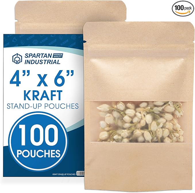 4" X 6" Kraft Resealable Stand-Up Pouches - Pack of 100 Small | Smell-Proof Storage Pouches for Food Packaging, Pet Treats, Cosmetics, and More - Spartan Industrial by SpartanIndustrial