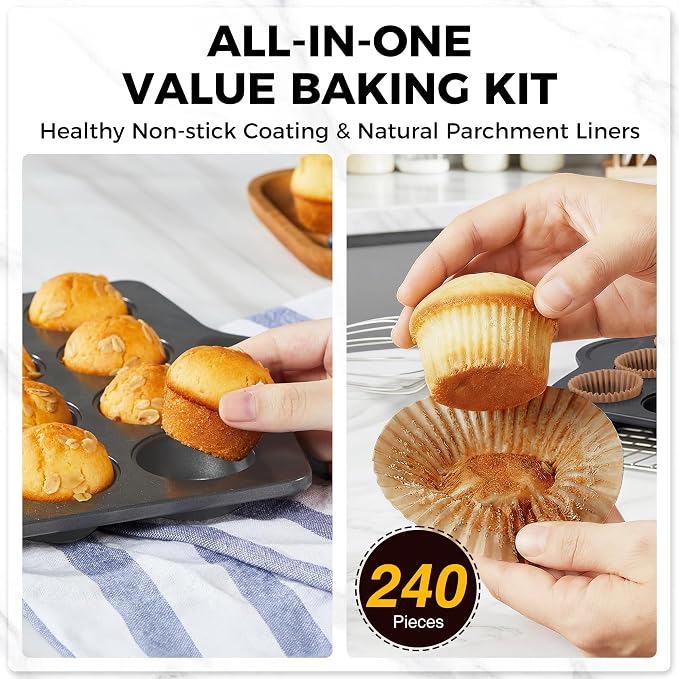 Mini 24 Muffin & Cupcake Pans with 240 Liners, Nonstick, Non-toxic | Heavy-duty Small Cheesecake Tray with Ear Shaped Wider Grips, 1.8dia, Grey, Premium - Image 3