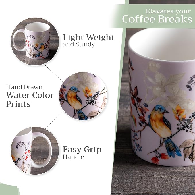 Maison d' Hermine Coffee Mug with Handles Tea Cups (12 Ounce, Pack of 1) | Fine Bone China Coffee Mugs for Hot Beverages Cappuccino Latte Home Restaurant Spring Summer -Equinoxe - Grey - Sparrows - Image 5