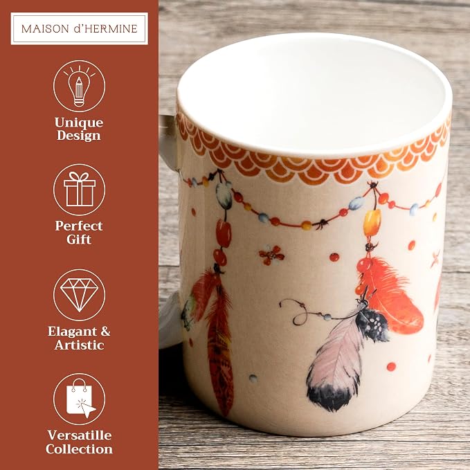 Maison d' Hermine Coffee Mug with Handles Tea Cups (15 Ounce, Pack of 1) | Fine Bone China Coffee Mugs for Hot Beverages Cappuccino Latte Home Restaurant Hotel Spring Summer -Ibiza - Beige - Feather - Image 2