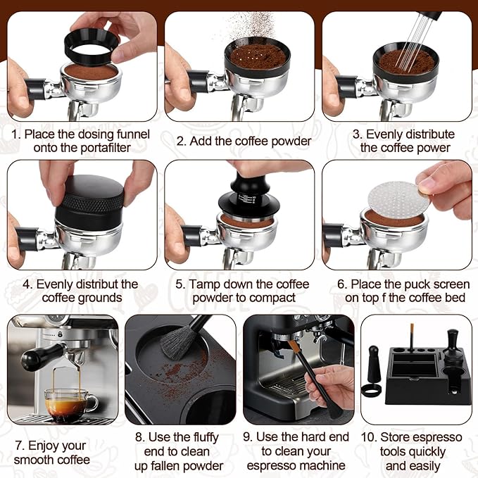7Pcs 51mm Espresso Accessories Kit Espresso Tamping Station Spring Loaded Calibrated Tamper WDT Tool and Dosing Funnel Set Coffee Distributor and Tamper Leveler Fits 51mm Machines