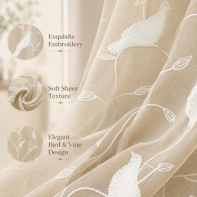 Sheer Curtains 84 Inches Long, White Bird Embroidered Taupe Sheer Curtain Window Treatments for Living Dining Room, Rod Pocket, W54 X L84, 2 Panels - Image 4