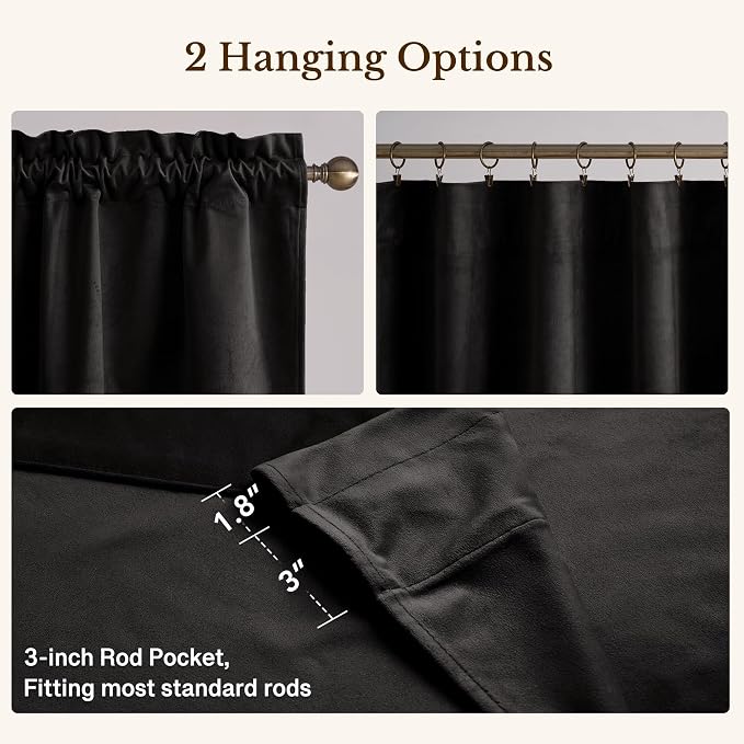 Black Scalloped Valance 52x18 Inch 1 Panel | Heavy Velvet Wavy Blackout Valance for Kitchen, Room Darkening Short Window Curtains for Basement, Living Room - Image 4