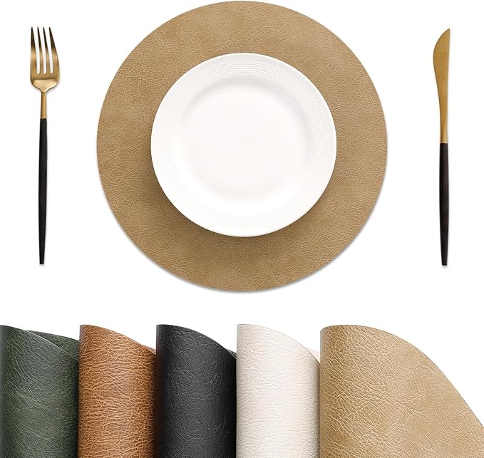 MOSAYT 13 Inch Round Vinyl Placemats Set of 6 - Faux Leather 100% Waterproof Oil-Proof Wipeable PU Place Mats, Heat Resistant Reversible Table Mats for Kitchen, Dining, Outdoor, Camel by MOSAYT