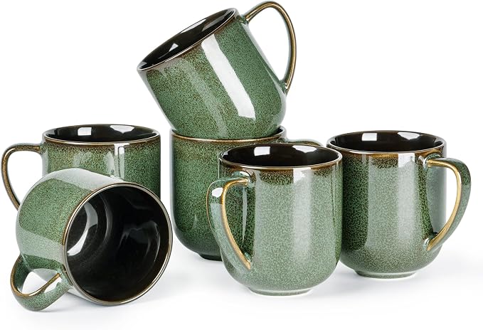 LERATIO 12OZ Ceramic Coffee Mugs Set of 6, Large Porcelain Coffee Cups With Large Handle For Latte,Cappuccino,Milk,Cocoa,|Dishwasher&Microwave Safe Mug Sets,Ideal for Man,Woman,Dad, Mom-Green by LeRatio