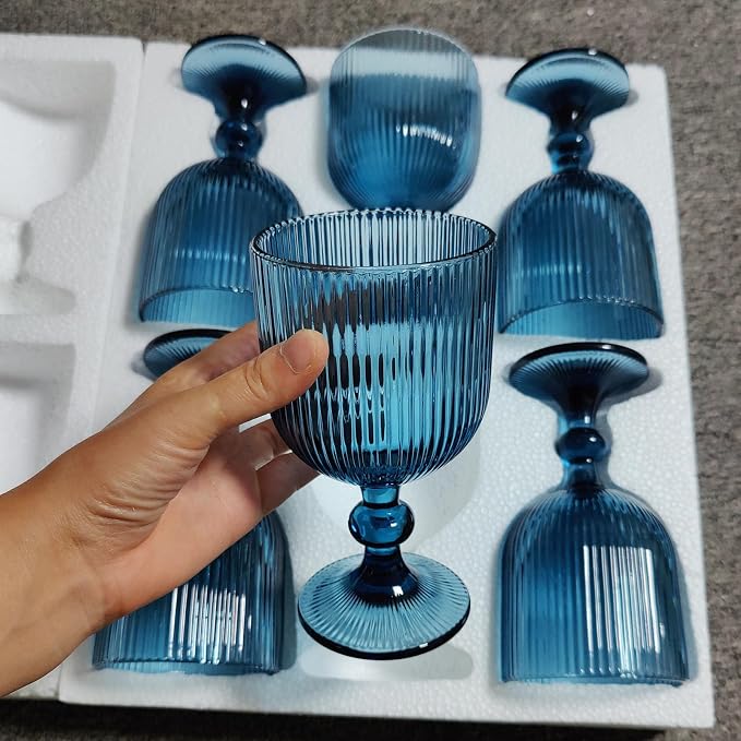 Taganov Blue Glasses Drinking Water Goblets set of 6 Big Vintage Glassware 13oz Colored Wine Glasses for Wedding Party Bar Vertical Line Embossed Pattern Stemmed Cups 400ml - Image 3