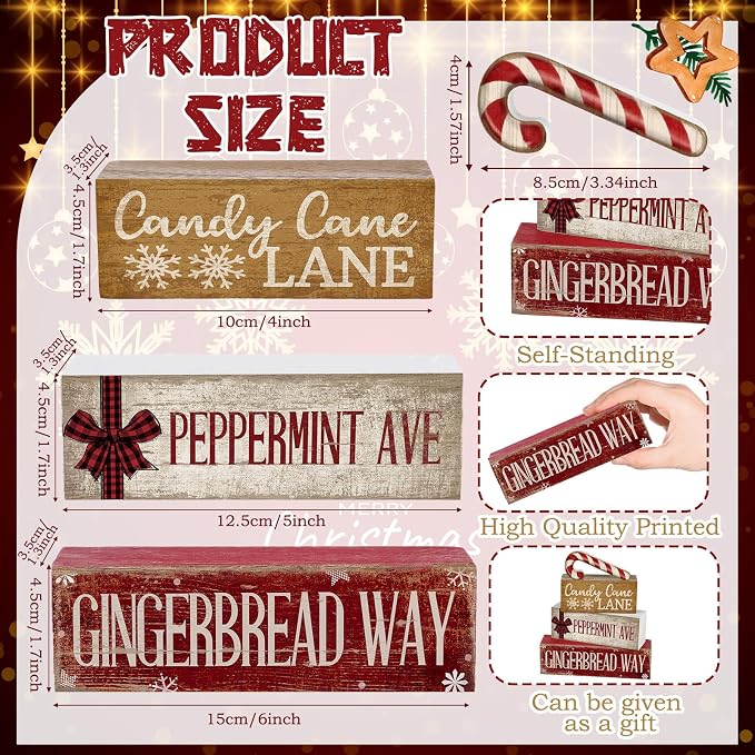 Moucuny 4 Pcs Christmas Table Decor Wooden Candy Cane Decoration Christmas Centerpiece Winter Tiered Tray Decor Red and White Stripes Candy Cane Block Signs Gift Farmhouse Xmas Decoration for Kitchen - Image 4