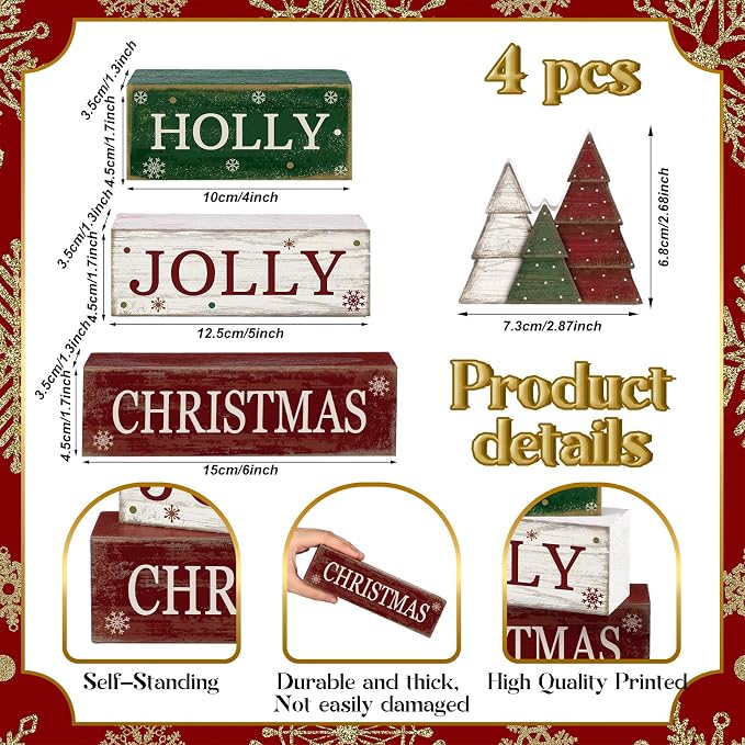Moucuny 4 Pcs Christmas Table Decorations Rustic Christmas Tree Stacked Wooden Decor Holly Xmas Tree Block Signs Gift Red Green and White Winter Tiered Tray Decor Farmhouse for Home Xmas Party Kitchen - Image 3