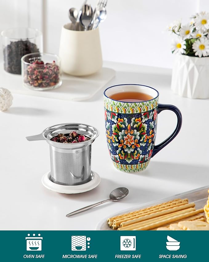 vancasso Ceramic Tea Mug with Infuser and Lid, 18 Ounce Bohemian Loose Leaf Cup, Microwave & Dishwasher Safe, Perfect for Tea, Coffee, Sage-Scarlet Floral - Image 4