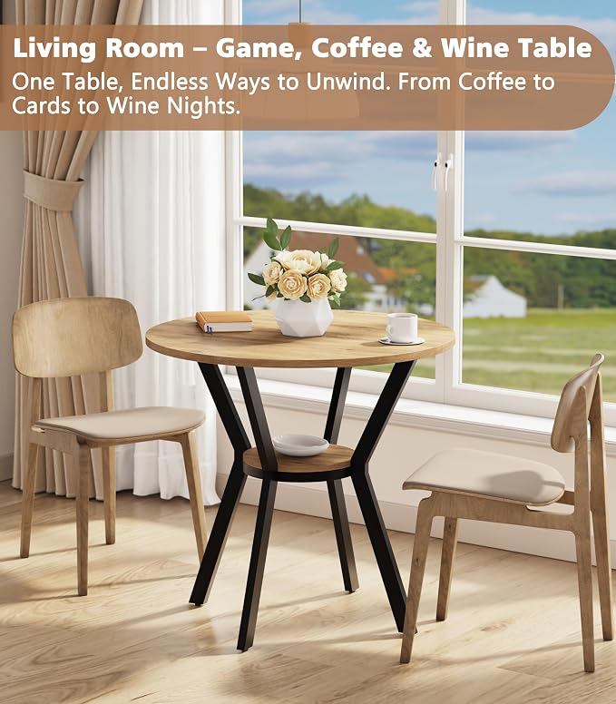 Round Kitchen Tables for 2-4, 31.5" Small Dining Tables with Storage, Rustic Wood Circle Dinner Table with Metal Leg, Farmhouse Dinner Table for Small Space, Dining Room, Kitchen, Office, Apartment - Image 7
