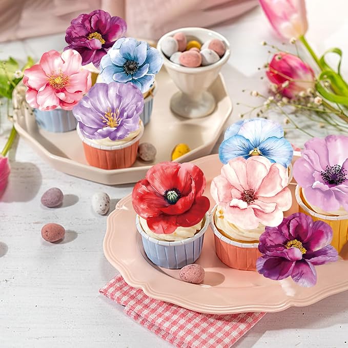 48 PCS Edible Flowers Cupcake Toppers Wafer Paper Wildflower Party Decoration Wedding Themed Party Decorations Picks for Baby Shower Wedding Birthday Party Cake Food Decorations Supplies - Image 5