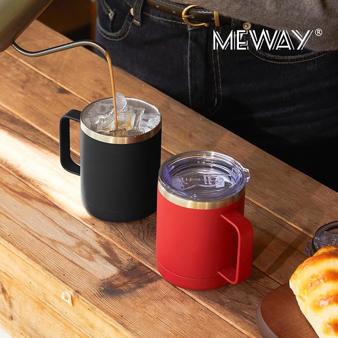 MEWAY 12oz Coffee Mug With Handle 2 Pack Bulk,Stainless Steel Insulated Travel Tumblers With Sliding Lid,Double Wall Vacuum Camping Cup for Hot & Cold Drinks Tea (Black,Set of 2) - Image 6
