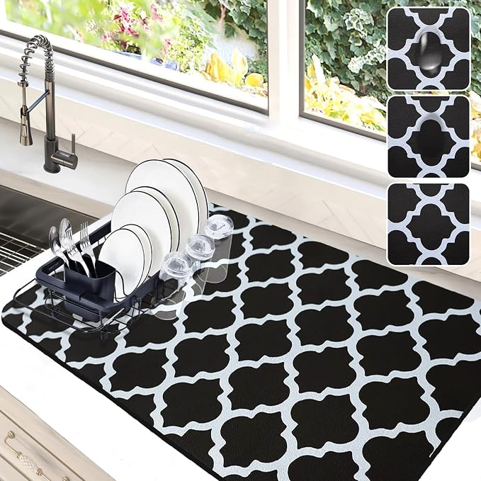 Dish Drying Mat for Kitchen Counter, 16x24 Rubber Backed (Black Trellis) | Hide Stain Anti Absorbent for Kitchen Counter, Non-slip Drying Mat for Coffee Machine Dish Rack by Etomiel
