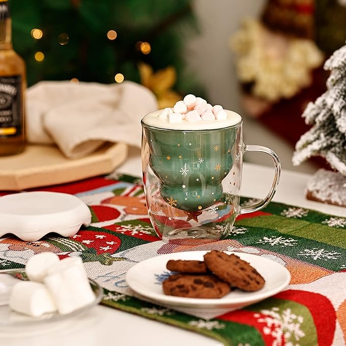 Christmas Tree Mugs Set of 2 Double Wall Mugs with Lid and Handle - Cute Christmas Glass Mugs Gift for Women, Men, Kids