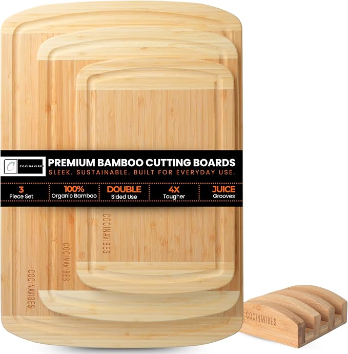 Bamboo Cutting Board Set – Charcuterie & Chopping Boards for Kitchen, Large & Small Sizes, Safe Cutting Boards for Meat, Cheese, Pizza – Home & Kitchen Gift Idea - Image 12