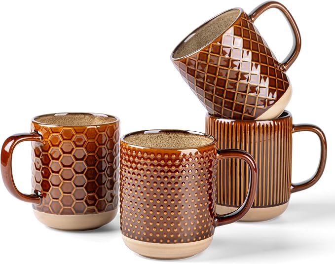 GBhome Large Coffee Mugs Set of 4, 16oz Handmade Stoneware Coffee Mugs Set with Large Handle for Cappuccino/Latte/Tea/Hot Cocoa, Dishwasher & Microwave Safe, Caramel by GBhome