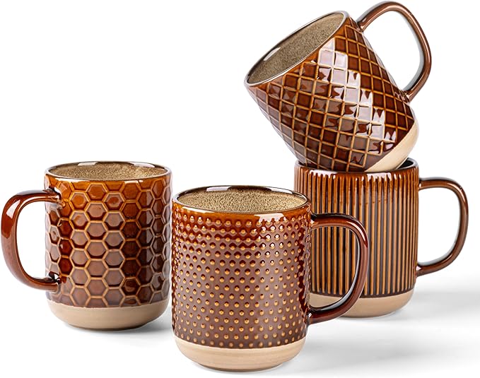 GBhome 12oz Coffee Mugs Set of 4, Handmade Stoneware Coffee Mugs Set with Large Handle for Cappuccino/Latte/Tea/Hot Cocoa, Dishwasher & Microwave Safe, Caramel by GBhome