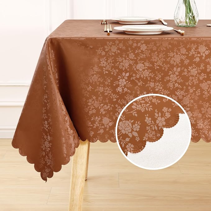 Smiry Rectangle Waterproof Heavy Duty Vinyl Tablecloths, 60 x 120 Inch | Wipeable Washable Floral Embossed Table Cover for Kitchen and Dining Room, Indoor & Outdoor Use, Caramel - Image 2