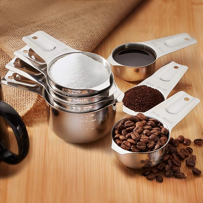 Last Confection 7pc Stainless Steel Measuring Cup Set - Includes 1/8 Cup Coffee Scoop - Measurements for Dry and Liquid Cooking & Baking Ingredients