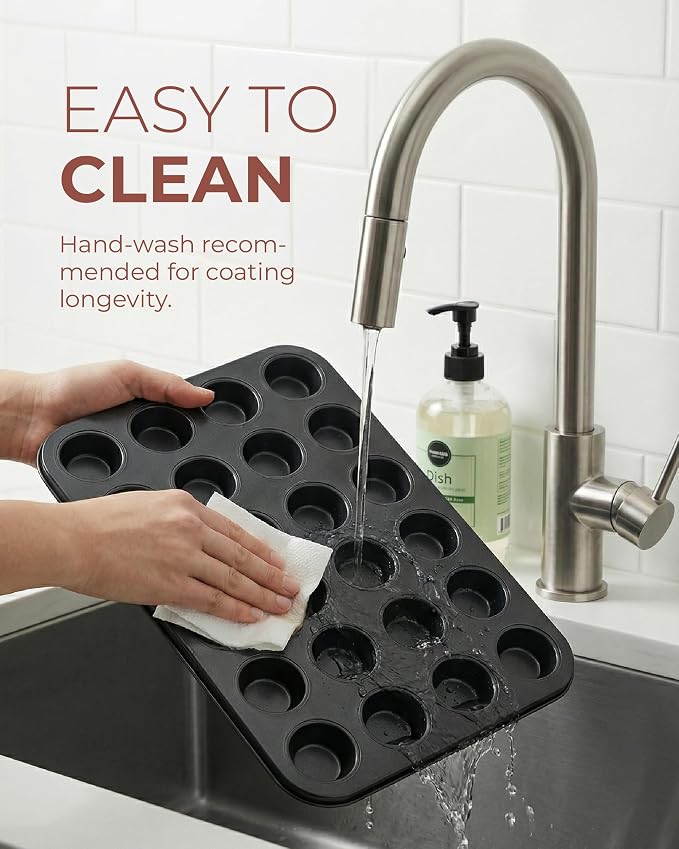 CARTMAN 24-Cup Mini Muffin Pan, Nonstick Carbon Steel Mini Cupcake Tin | Includes 200 paper liners, 24-cup nonstick carbon steel, oven safe 450°F, ideal for egg bites, mini cupcakes & brownies - Image 6