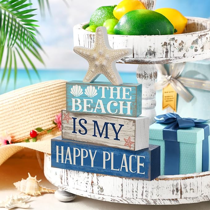 Moucuny 4 Pcs Summer Table Decoration Beach Tiered Tray Decor Starfish Coastal Rustic Wooden Block Sign Gifts Blue and White Ocean Centerpieces Farmhouse Beach Nautical Decor for Home Shelf Mantel - Image 7