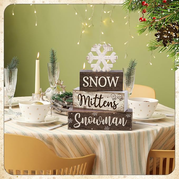 Moucuny 4 Pcs Winter Table Decorations Wooden Snowflake Decor Christmas Tiered Tray Decor Rustic Decorative Snowflake Block Sign Gift Winter Table Centerpiece for Wonderland Party Home Kitchen - Image 6