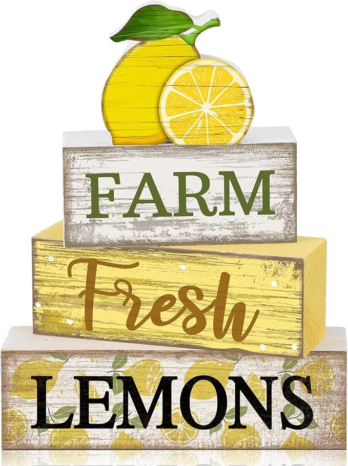 Moucuny 4 Pcs Summer Lemon Decor Summer Table Decorations Farm Fresh Lemons Wooden Stacked Block Decor Rustic Summertime Tiered Tray Decoration Fruits Centerpiece for Home Kitchen Dining Room Mantel by Moucuny