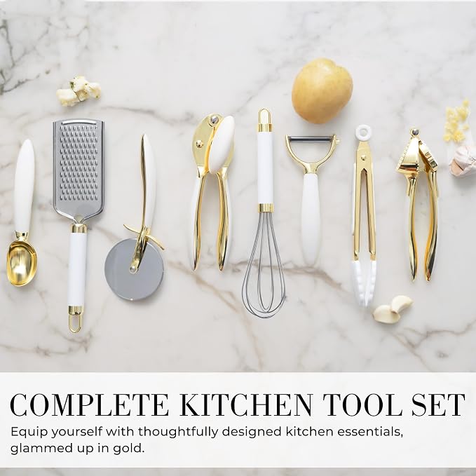 Styled Settings White & Gold Cooking Utensils Set, 8-Piece | Kitchen Utensils Set Includes Can Opener, Tongs and Garlic Press, White and Gold Kitchen Accessories for Kitchens - Image 4