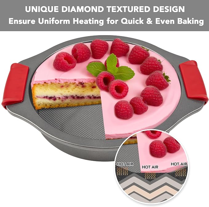 Tiawudi 9" Round Cake Pan Set of 2, 0.8mm Thick Heavy Duty Bakeware for Tiered & Layered Cakes, Nonstick Baking Pan with Diamond Texture for Even Heating, Cake Mold with Silicone Grip Handles - Image 5