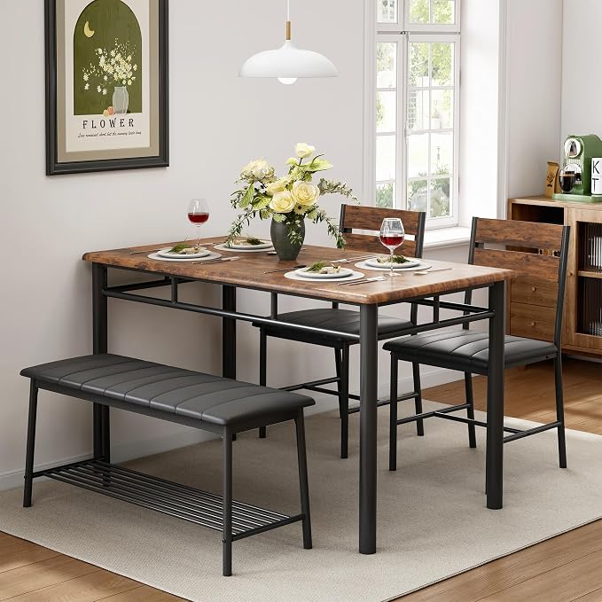 IRONCK Dining Table Set for 4, Kitchen Table and Chairs Set, Rustic Brown | Kitchen Table with Upholstered Bench and 2 Chairs for Small Space, Apartment - Image 4