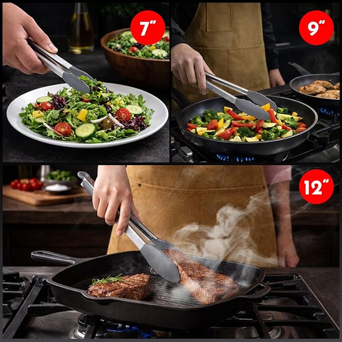 Kitchen Tongs - 12, 9 & 7 Inch Locking Silicone Tongs for Cooking, Set of 3 | Grey Tongs with Silicone Tips, Heat Resistant Tongs for Grilling, Serving, Mixing - Image 7