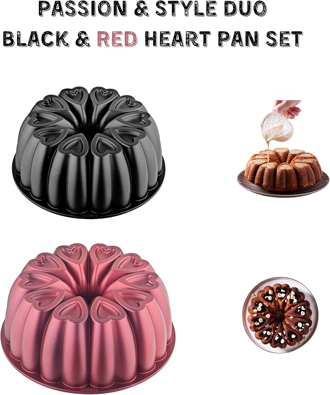 Heart Shape Aluminum Cake Pan, Titanium Coating, Non-Stick, 12 Cups, Gifts for Mom, 10 Inch Baking Mold, Cast Aluminum Fluted Tube Pan, Easy to Clean (2-Pack, Black-Red) - Image 4