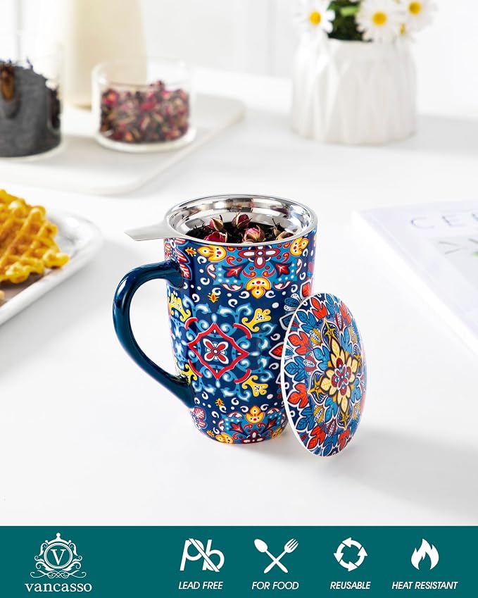 vancasso Ceramic Tea Mug with Infuser and Lid, 18 Ounce Bohemian Loose Leaf Cup, Microwave & Dishwasher Safe, Perfect for Tea, Coffee, Royal-Crimson Flourish - Image 3