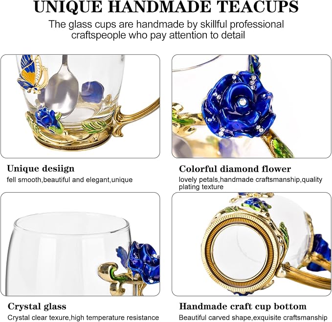 OEAGO Gifts for Mom Women Mothers Day Glass Coffee Enamels Mug Best Birthday Butterfly Rose Gifts for Her from Daughter Son Lead-Free Christmas Blue Tea Cup with Spoon Set - Image 5