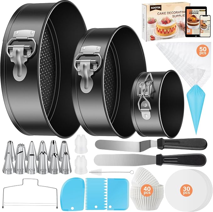 Kootek 144PCs Cake Pan Set, Cake Decorating Kit with 3 Springform Pans | 4 7 9 Inch Baking Pans, Removable Bottom, Easy Release, 50 Piping Bags and 12 Tips, Spatulas, Scrapers, Cake Decorating Tools by Kootek