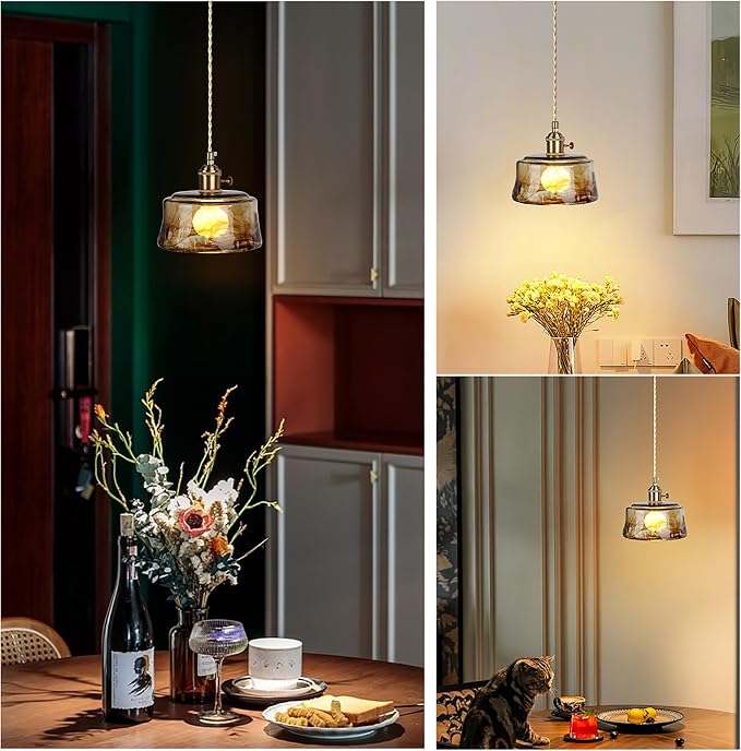 Sedelan Galss Pendant Light, Vintage Pendant Lights Kitchen Island Adjustable Tea Color-Amber Hanging Light Fixture for Living Room Dining Room Bedroom E26 - Image 2