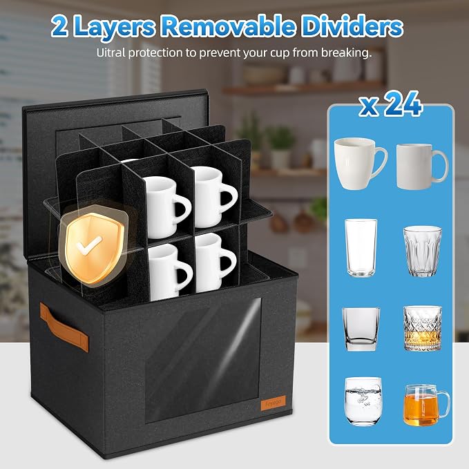 Foyego Cup and Mug Storage Box with 24 Dividers, Dark Gray, 2-Layer | with Lid, Visible Window, Soft Handles, for Packing and Moving, Stackable Storage Containers for Coffee Mug Cups and Glasses - Image 5