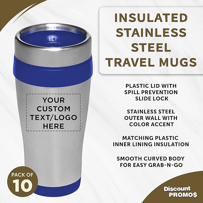 Custom Insulated Stainless Steel Travel Mugs 16 oz. Set of 10, Personalized Bulk Pack - Perfect for Coffee, Soda, Other Hot & Cold Beverages - Blue