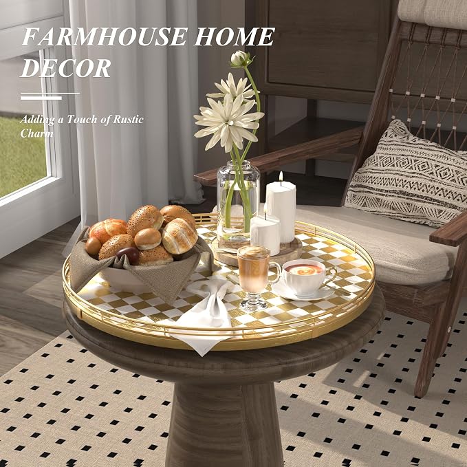 Gold and White Checkerboard Lazy Susan with Rubberwood Base and Metal Rail | Smooth rotating oak tray with walnut finish for dining tables, kitchen counters, pantries and cabinet storage. - Image 4
