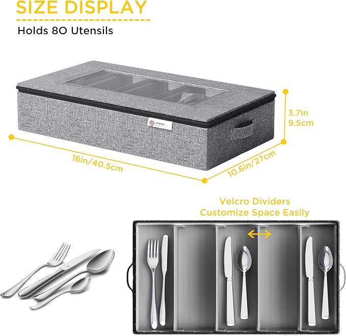 Silverware Storage Box,Hard Shell Flatware Organizer with Lid and Zipper,Utensil Storage with Clear Window and adjustable Divider for Spoons,Forks.Knives,Grey - Image 2