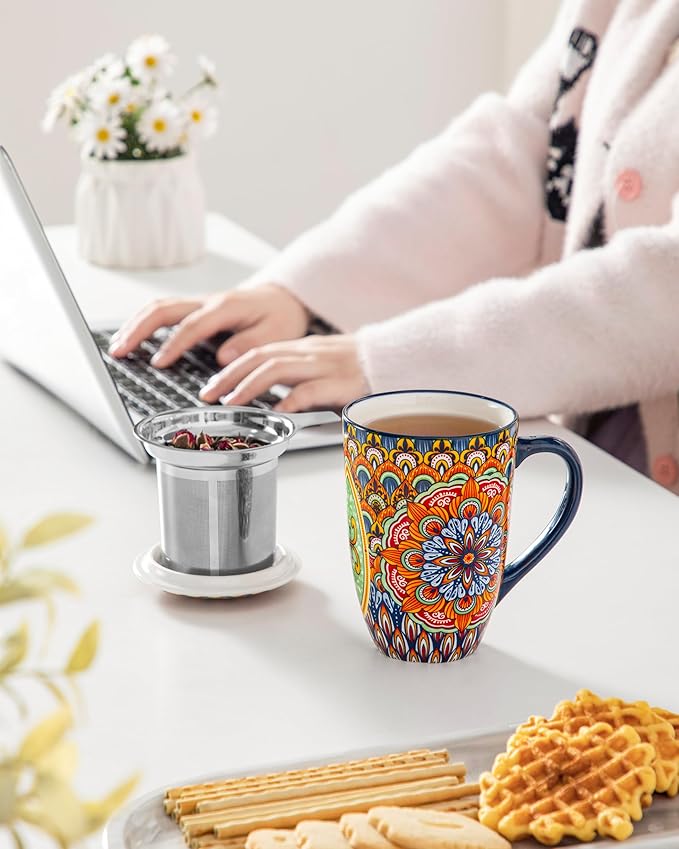 vancasso Ceramic Tea Mug with Infuser and Lid, 18 Ounce Bohemian Loose Leaf Cup, Microwave & Dishwasher Safe, Perfect for Tea, Coffee, Burnt-Cobalt Mandala - Image 6