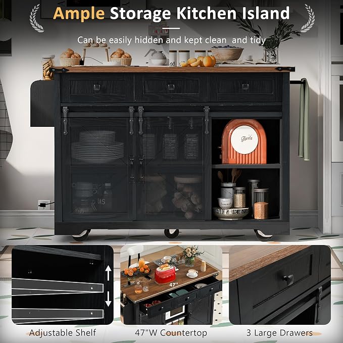 Farmhouse Kitchen Island on Wheels with Drop Leaf & Power Outlet, 53.7-Inch Rolling Storage Island Cart Breakfast Bar with Drawers, Sliding Barn Door Cabinets, Spice Rack (Black) - Image 6