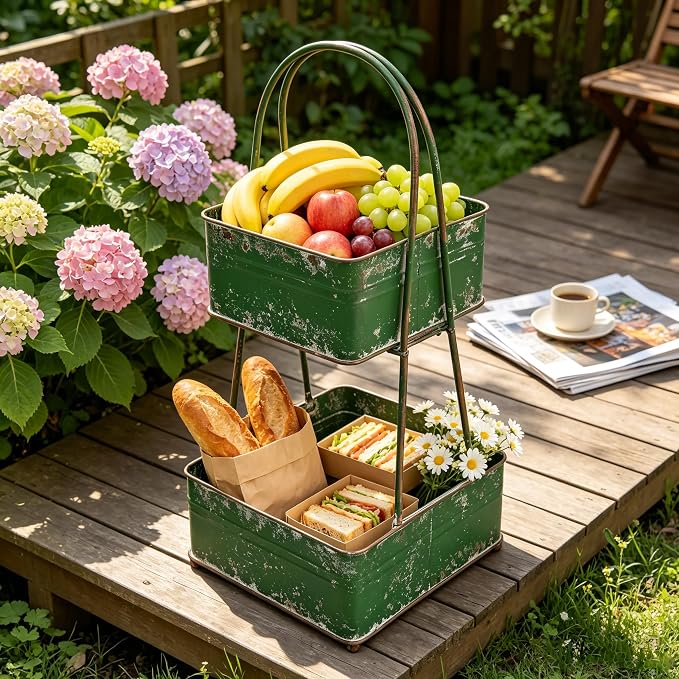 Vintage Metal Storage Basket 2-Tier 25.98" H Farmhouse Distressed Kitchen Counter Organizers Rustic Double-Layer Organizing Bin for Kitchen Pantry (Green) by Unknown