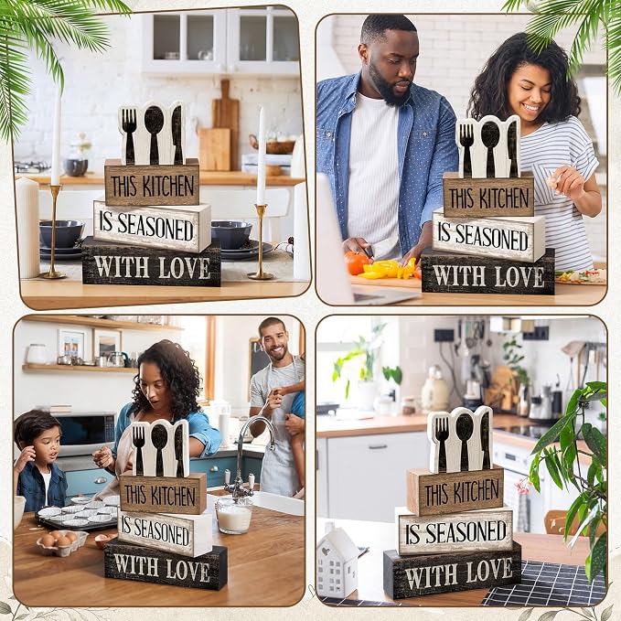 Moucuny 4 Pcs Farmhouse Kitchen Decor Rustic Spoon Fork Knife Wooden Stacked Block Decor Farmhouse Kitchen Table Centerpiece Rules Sign for Dining Room Cabinet Countertop Shelf Decoration - Image 6