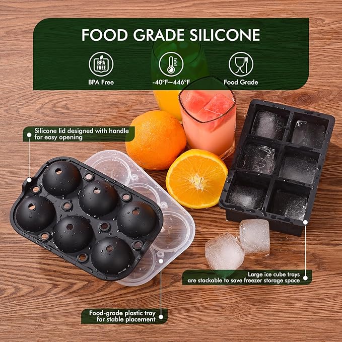 Ice Cube Tray, SLGOL Ice Trays for Freezer with Lid, Easy Release large Ice Cube Molds, Silicone ice cubes mold for Whiskey, Stackable Square Ice Tray for Cocktails Whiskey Coffee【6 round + 6 square】