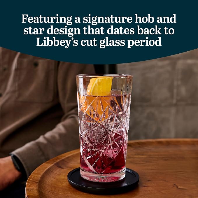 Libbey Hobstar Cooler Glasses, Cut Glass Drinking Glasses Set of 4, Hi-Ball Textured Drinking Glasses, 16 oz Cocktail Glass Set for Soda, Mixed Drinks - Image 4